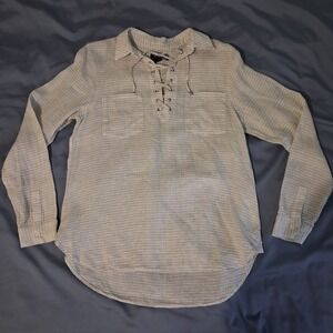 Land's End White Gray Beachy Nautical Coastal Striped Lace Up‎ Linen Shirt Sz 12